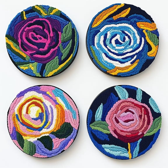 4 Set DIY Punch Needle Coaster Kits Rose Flowers Easy for Beginners with Adhesive Felt Hoop Punch Needle Embroidery Starter Set with Pattern for Drink Cups Mat Home Decor-6