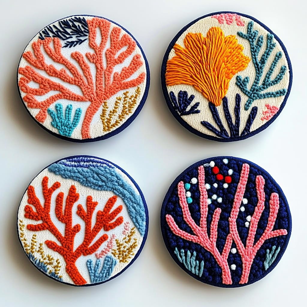 4 Set DIY Punch Needle Coaster Kits Sea Corals Easy for Beginners with Adhesive Felt Hoop Punch Needle Embroidery Starter Set with Pattern for Drink Cups Mat Home Decor-3