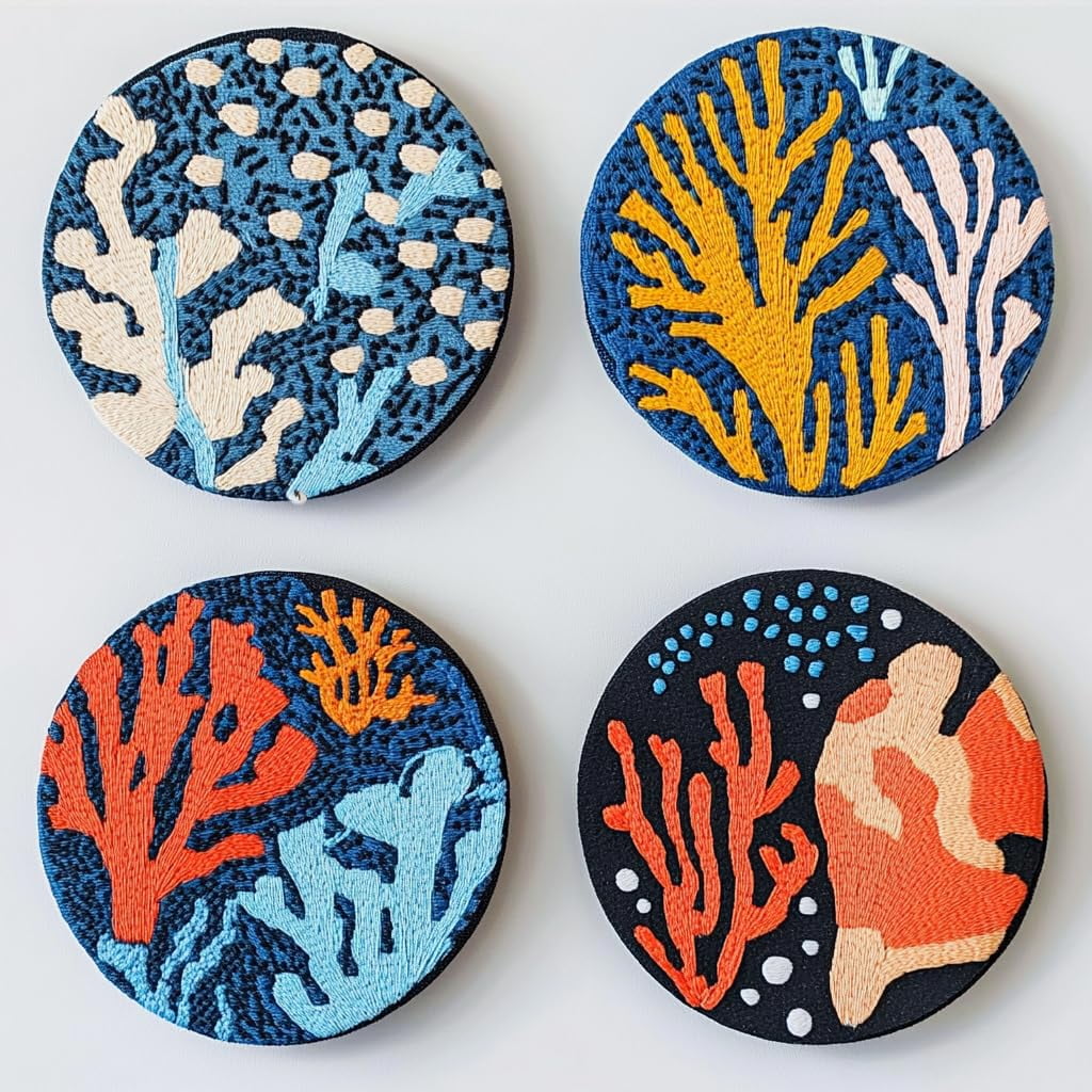 4 Set DIY Punch Needle Coaster Kits Sea Corals Easy for Beginners with Adhesive Felt Hoop Punch Needle Embroidery Starter Set with Pattern for Drink Cups Mat Home Decor-6