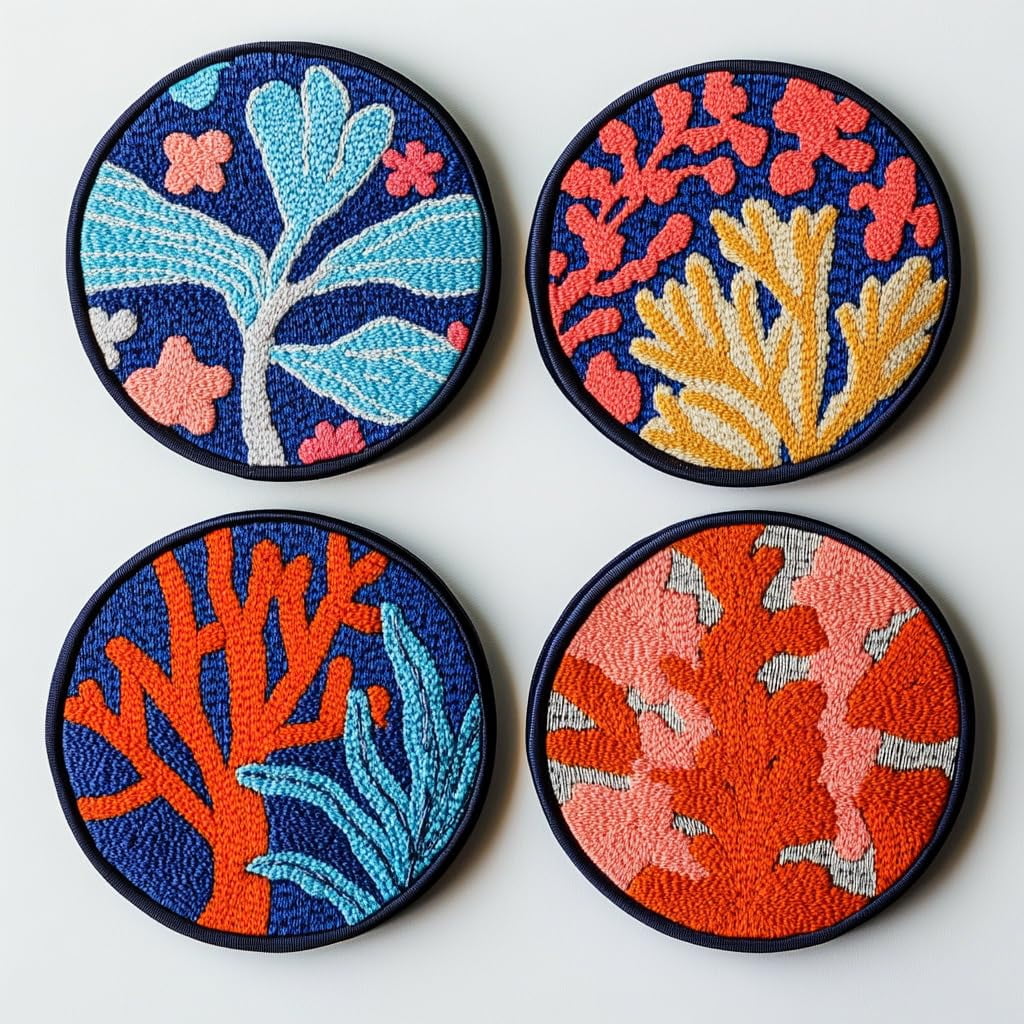 4 Set DIY Punch Needle Coaster Kits Sea Corals Easy for Beginners with Adhesive Felt Hoop Punch Needle Embroidery Starter Set with Pattern for Drink Cups Mat Home Decor-4