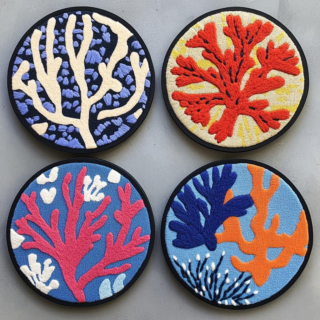 4 Set DIY Punch Needle Coaster Kits Sea Corals Easy for Beginners with Adhesive Felt Hoop Punch Needle Embroidery Starter Set with Pattern for Drink Cups Mat Home Decor-2