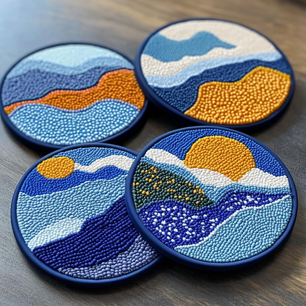 4 Set DIY Punch Needle Coaster Kits Sea and Sunset Easy for Beginners with Adhesive Felt Hoop Punch Needle Embroidery Starter Set with Pattern for Drink Cups Mat Home Decor
