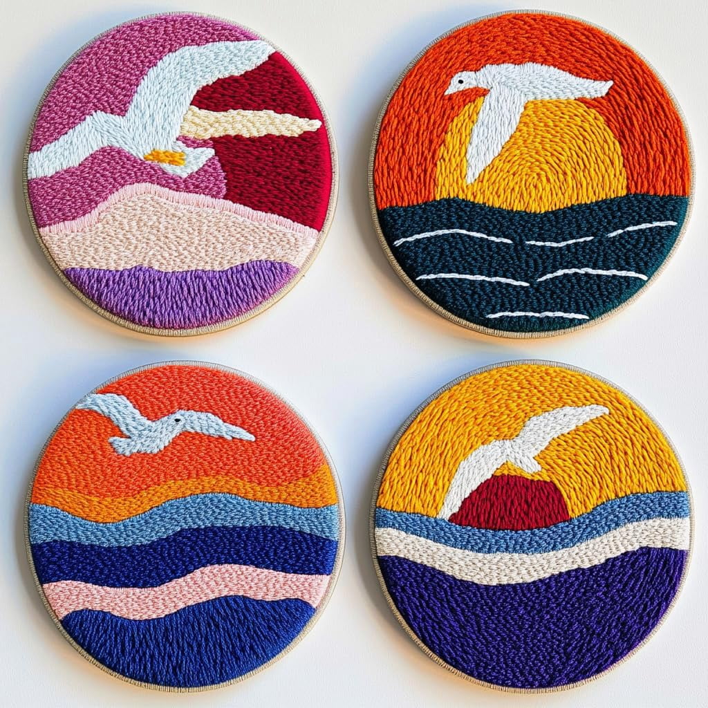 4 Set DIY Punch Needle Coaster Kits Sea Sunset and Seagull Easy for Beginners with Adhesive Felt Hoop Punch Needle Embroidery Starter Set with Pattern for Drink Cups Mat Home Decor-2