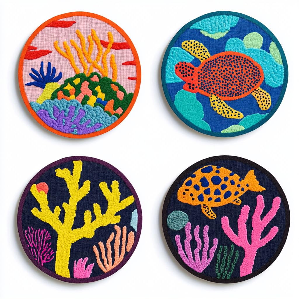 4 Set DIY Punch Needle Coaster Kits Sea Turtle and Corals Easy for Beginners with Adhesive Felt Hoop Punch Needle Embroidery Starter Set with Pattern for Drink Cups Mat Home Decor-5