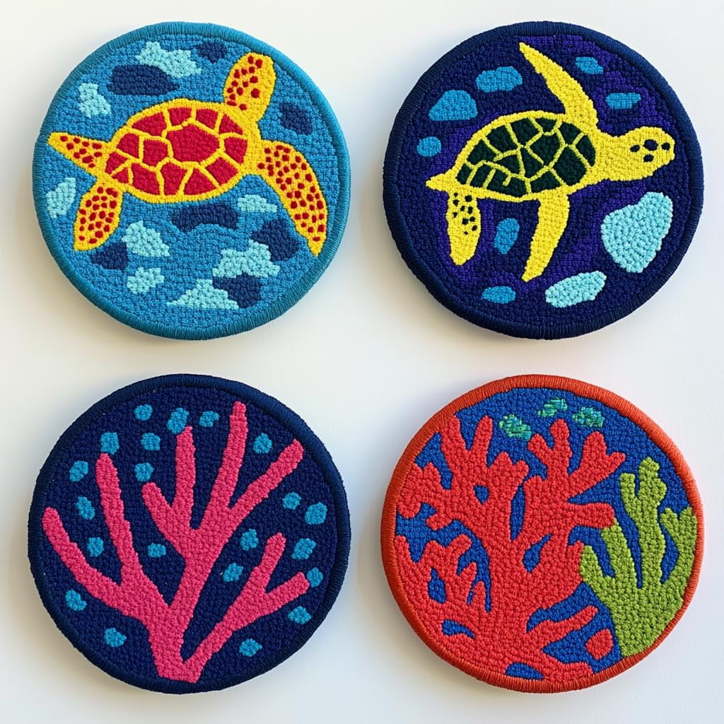 4 Set DIY Punch Needle Coaster Kits Sea Turtle and Corals Easy for Beginners with Adhesive Felt Hoop Punch Needle Embroidery Starter Set with Pattern for Drink Cups Mat Home Decor-12