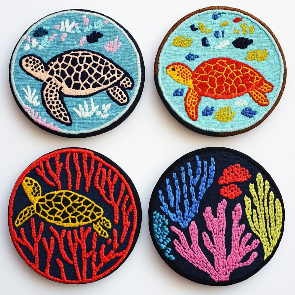 4 Set DIY Punch Needle Coaster Kits Sea Turtle and Corals Easy for Beginners with Adhesive Felt Hoop Punch Needle Embroidery Starter Set with Pattern for Drink Cups Mat Home Decor-13