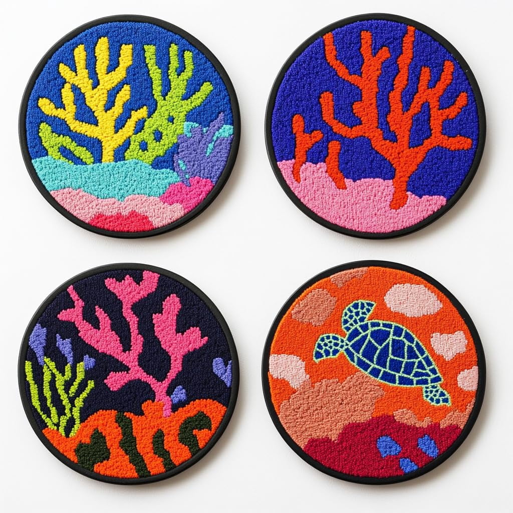 4 Set DIY Punch Needle Coaster Kits Sea Turtle and Corals Easy for Beginners with Adhesive Felt Hoop Punch Needle Embroidery Starter Set with Pattern for Drink Cups Mat Home Decor-11