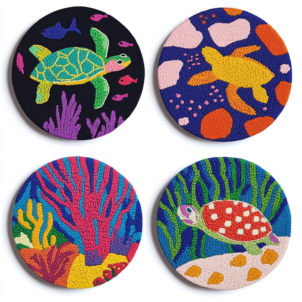 4 Set DIY Punch Needle Coaster Kits Sea Turtle and Corals Easy for Beginners with Adhesive Felt Hoop Punch Needle Embroidery Starter Set with Pattern for Drink Cups Mat Home Decor-20