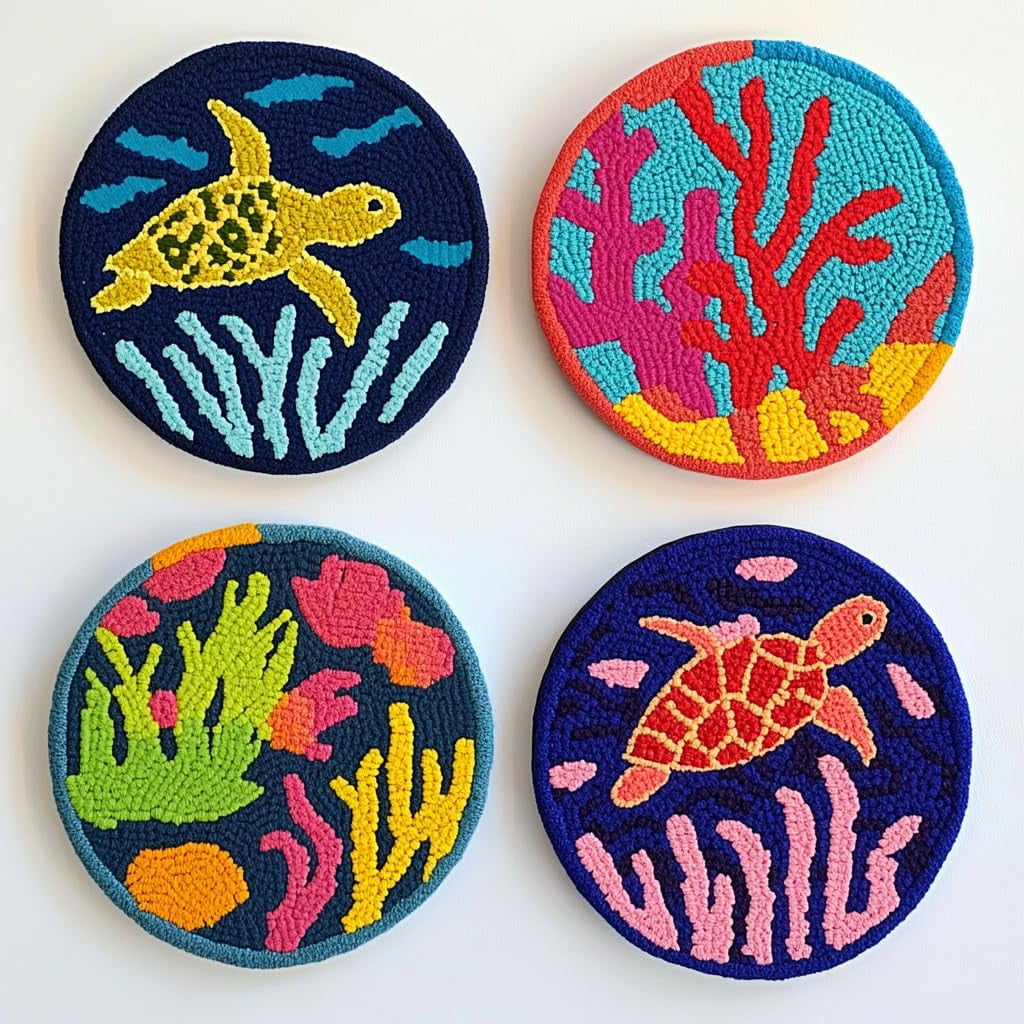 4 Set DIY Punch Needle Coaster Kits Sea Turtle and Corals Easy for Beginners with Adhesive Felt Hoop Punch Needle Embroidery Starter Set with Pattern for Drink Cups Mat Home Decor-14
