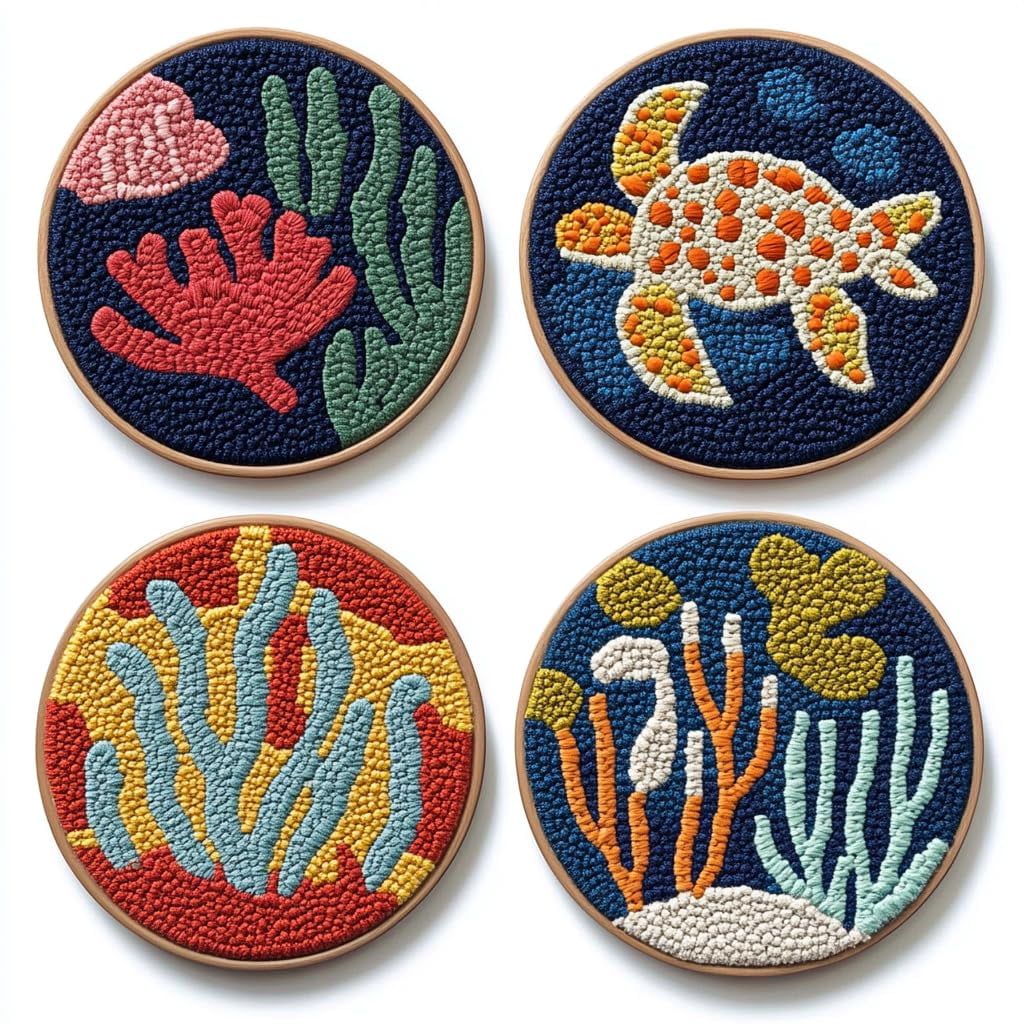 4 Set DIY Punch Needle Coaster Kits Sea Turtle and Corals Easy for Beginners with Adhesive Felt Hoop Punch Needle Embroidery Starter Set with Pattern for Drink Cups Mat Home Decor-19