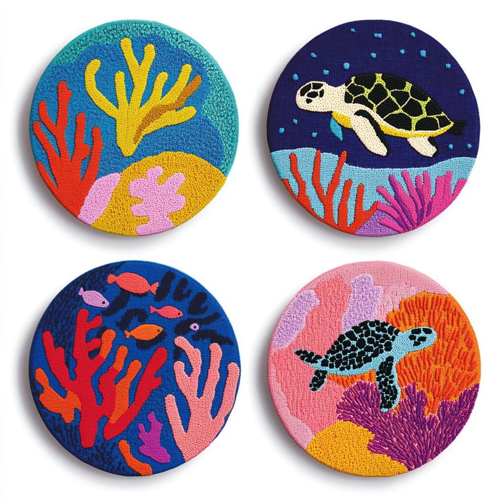 4 Set DIY Punch Needle Coaster Kits Sea Turtle and Corals Easy for Beginners with Adhesive Felt Hoop Punch Needle Embroidery Starter Set with Pattern for Drink Cups Mat Home Decor-10