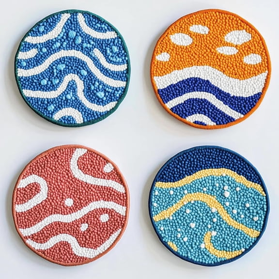 4 Set DIY Punch Needle Coaster Kits Sea Wave Beach Easy for Beginners with Adhesive Felt Hoop Punch Needle Embroidery Starter Set with Pattern for Drink Cups Mat Home Decor-4