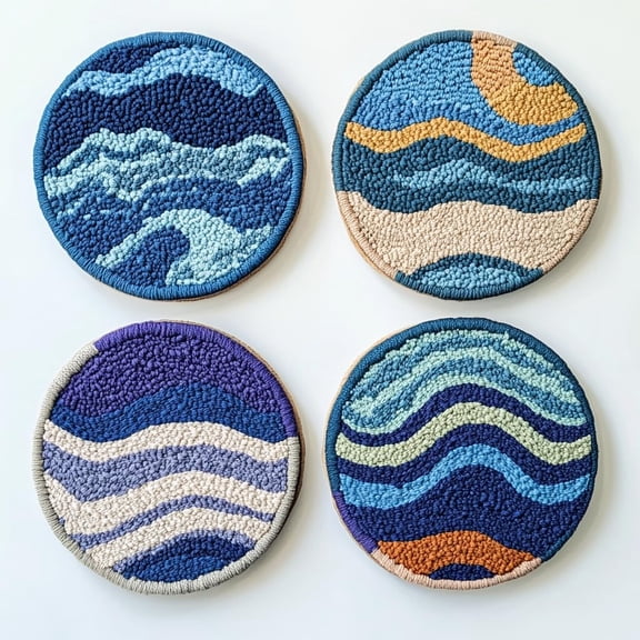 4 Set DIY Punch Needle Coaster Kits Sea Wave Beach Easy for Beginners with Adhesive Felt Hoop Punch Needle Embroidery Starter Set with Pattern for Drink Cups Mat Home Decor-6