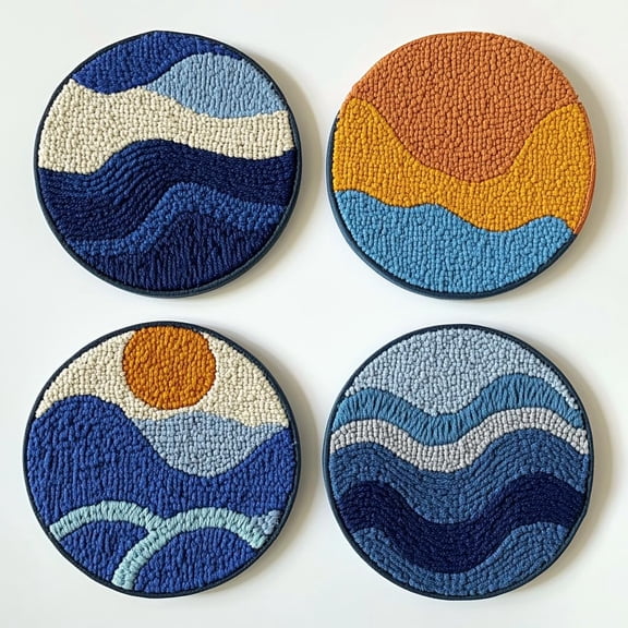 4 Set DIY Punch Needle Coaster Kits Sea Wave Beach Easy for Beginners with Adhesive Felt Hoop Punch Needle Embroidery Starter Set with Pattern for Drink Cups Mat Home Decor-7