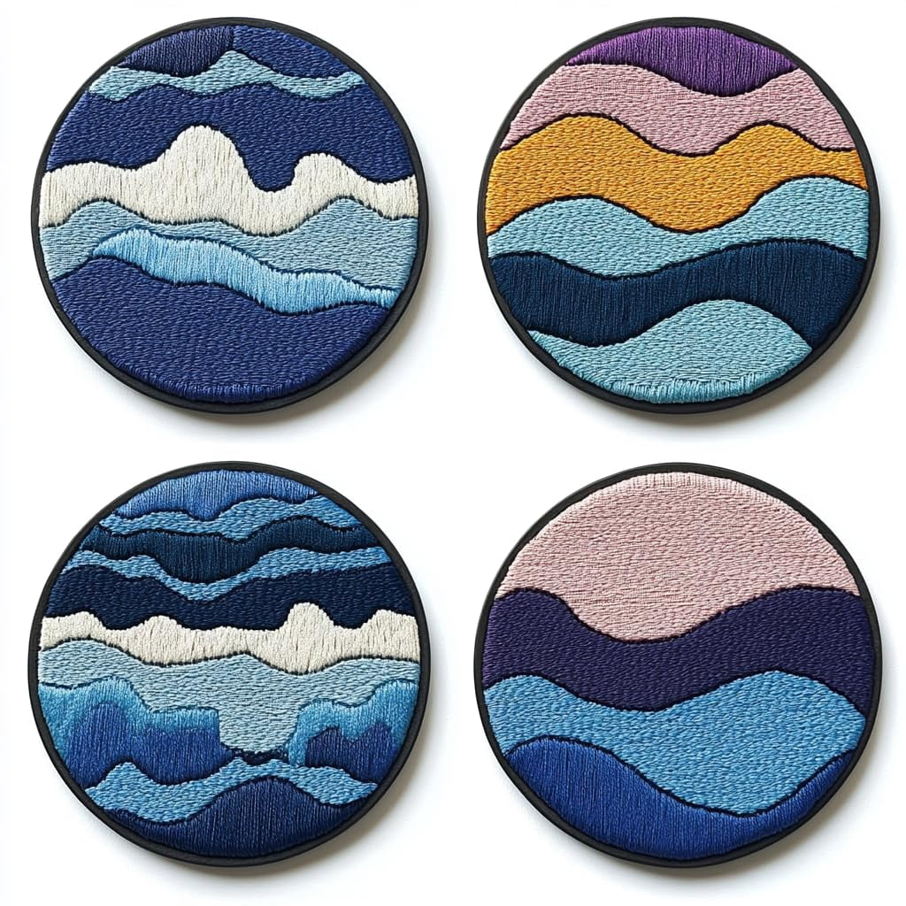 4 Set DIY Punch Needle Coaster Kits Sea Wave Beach Easy for Beginners with Adhesive Felt Hoop Punch Needle Embroidery Starter Set with Pattern for Drink Cups Mat Home Decor-3