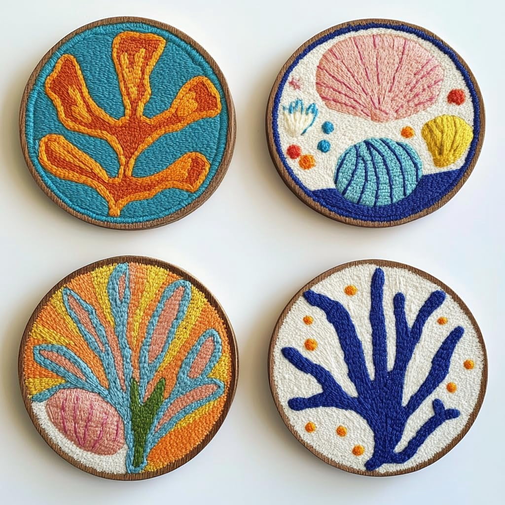4 Set DIY Punch Needle Coaster Kits Seaside Beach Shell and Coral Easy for Beginners with Adhesive Felt Hoop Punch Needle Embroidery Starter Set with Pattern for Drink Cups Mat Home Decor