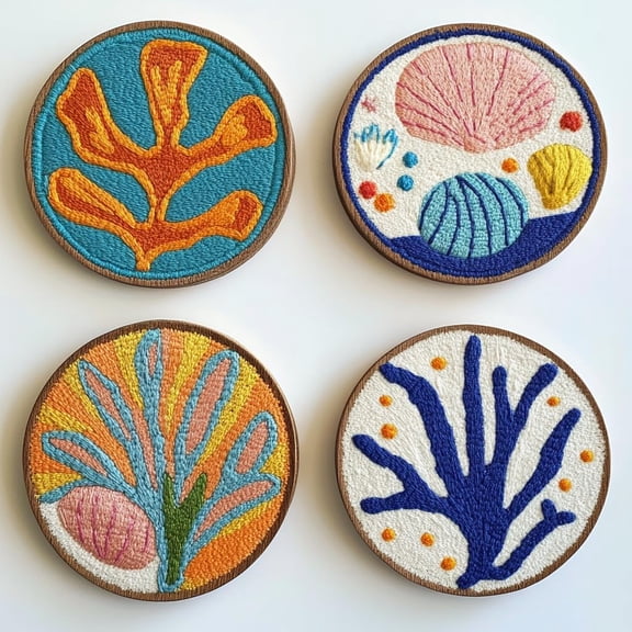 4 Set DIY Punch Needle Coaster Kits Seaside Beach Shell and Coral Easy for Beginners with Adhesive Felt Hoop Punch Needle Embroidery Starter Set with Pattern for Drink Cups Mat Home Decor