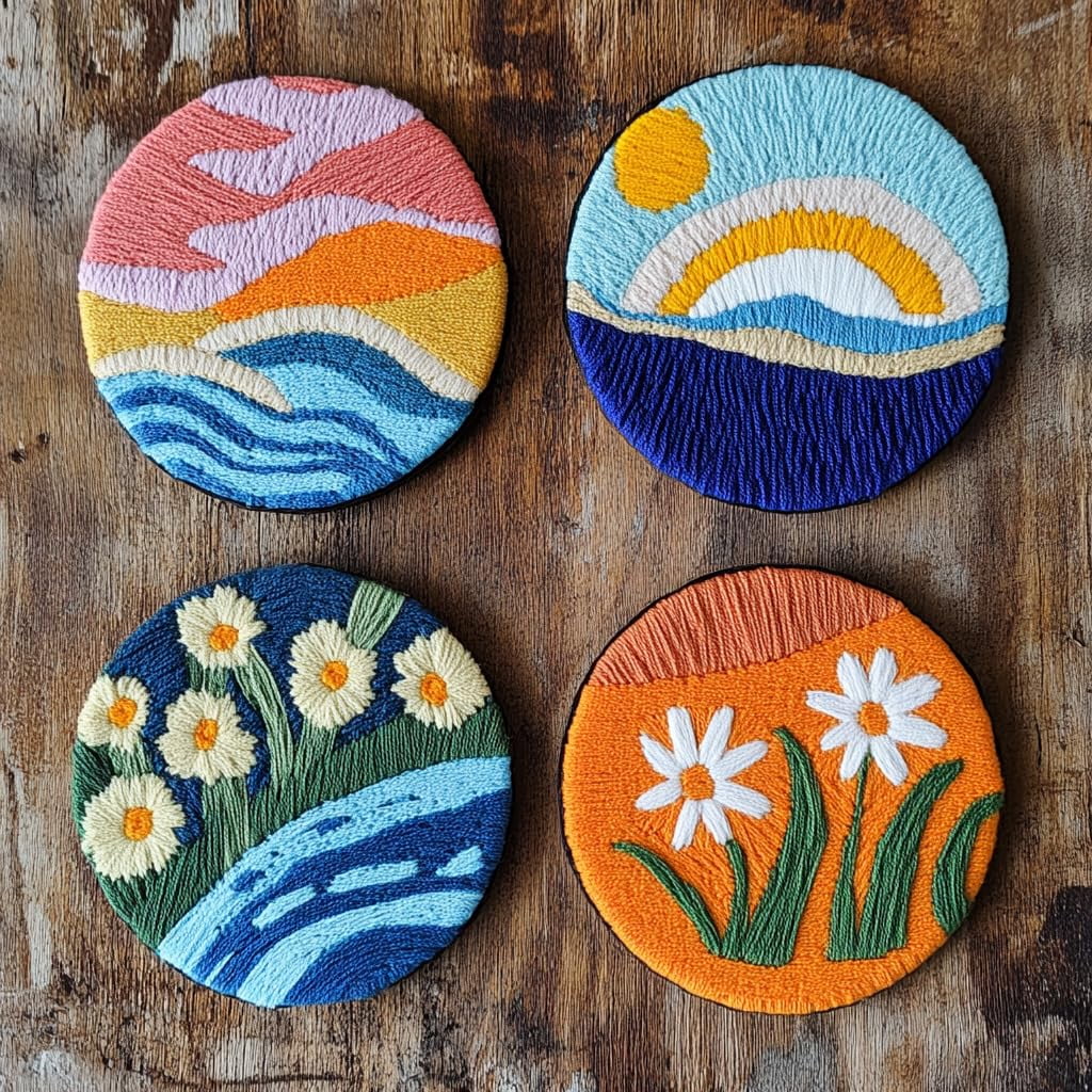 4 Set DIY Punch Needle Coaster Kits Seaside Sea Wave Daisy Flowers Easy for Beginners with Adhesive Felt Hoop Punch Needle Embroidery Starter Set with Pattern for Drink Cups Mat Home Decor-21