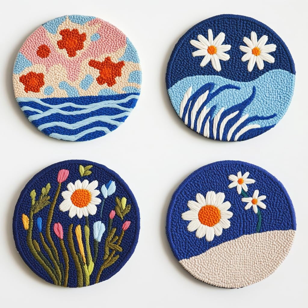 4 Set DIY Punch Needle Coaster Kits Seaside Sea Wave Daisy Flowers Easy for Beginners with Adhesive Felt Hoop Punch Needle Embroidery Starter Set with Pattern for Drink Cups Mat Home Decor-22