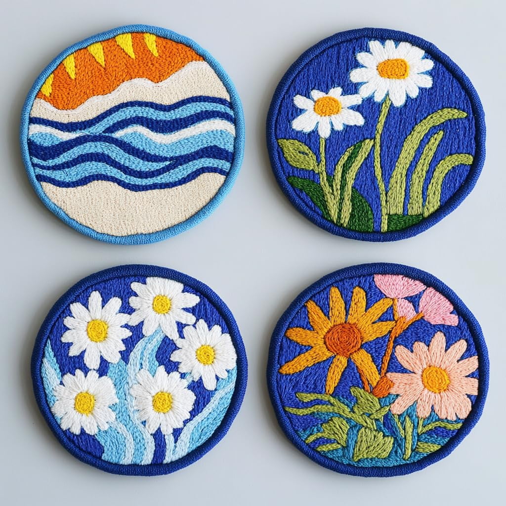 4 Set DIY Punch Needle Coaster Kits Seaside Sea Wave Daisy Flowers Easy for Beginners with Adhesive Felt Hoop Punch Needle Embroidery Starter Set with Pattern for Drink Cups Mat Home Decor-31