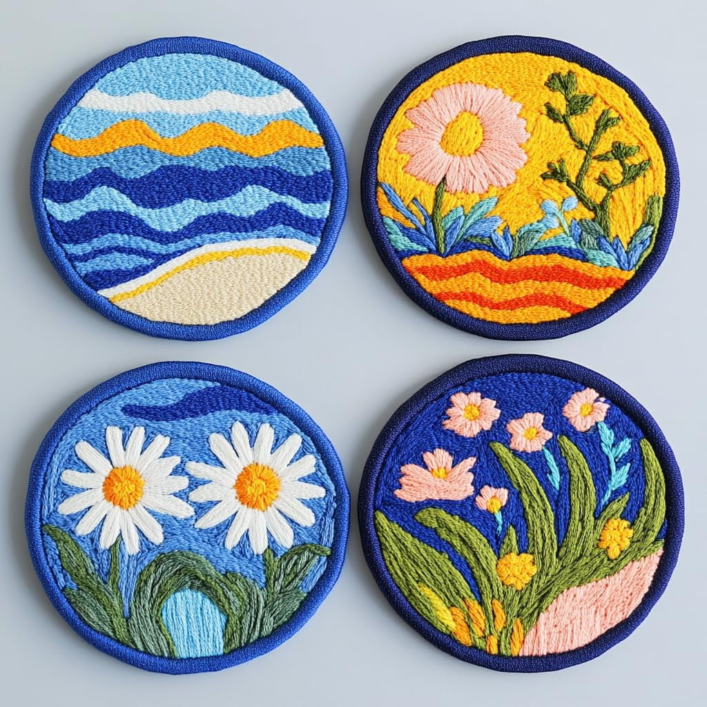 4 Set DIY Punch Needle Coaster Kits Seaside Sea Wave Daisy Flowers Easy for Beginners with Adhesive Felt Hoop Punch Needle Embroidery Starter Set with Pattern for Drink Cups Mat Home Decor-37