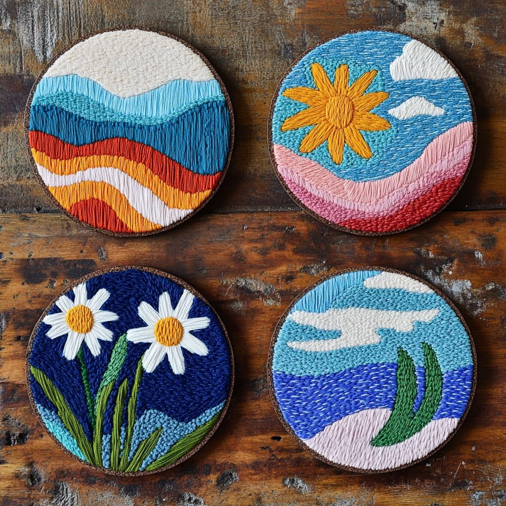 4 Set DIY Punch Needle Coaster Kits Seaside Sea Wave Daisy Flowers Easy for Beginners with Adhesive Felt Hoop Punch Needle Embroidery Starter Set with Pattern for Drink Cups Mat Home Decor-5