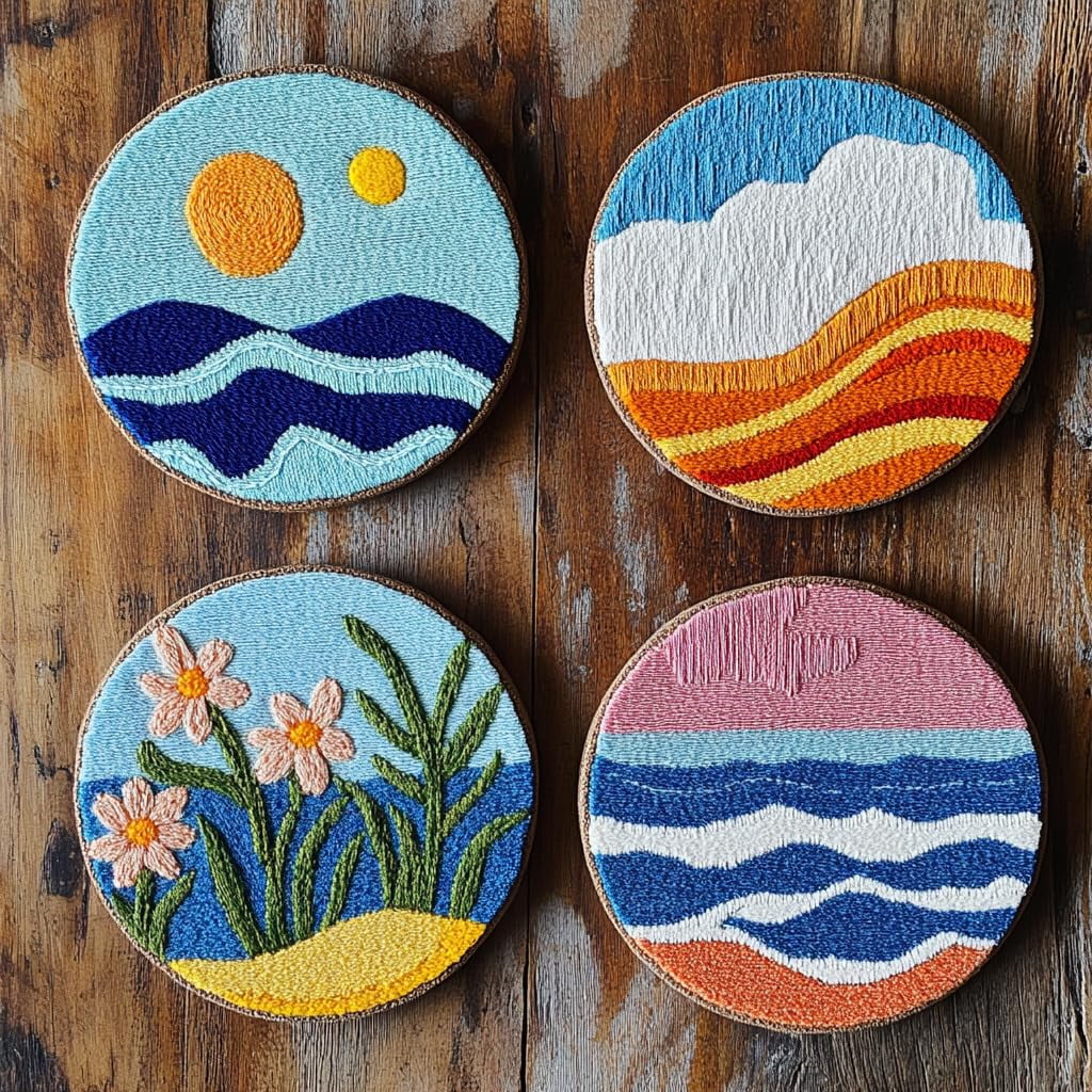 4 Set DIY Punch Needle Coaster Kits Seaside Sea Wave Daisy Flowers Easy for Beginners with Adhesive Felt Hoop Punch Needle Embroidery Starter Set with Pattern for Drink Cups Mat Home Decor-32