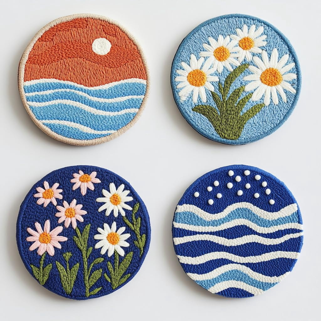 4 Set DIY Punch Needle Coaster Kits Seaside Sea Wave Daisy Flowers Easy for Beginners with Adhesive Felt Hoop Punch Needle Embroidery Starter Set with Pattern for Drink Cups Mat Home Decor-26