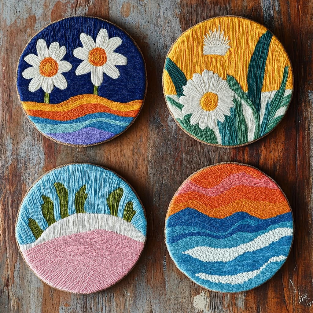 4 Set DIY Punch Needle Coaster Kits Seaside Sea Wave Daisy Flowers Easy for Beginners with Adhesive Felt Hoop Punch Needle Embroidery Starter Set with Pattern for Drink Cups Mat Home Decor-28