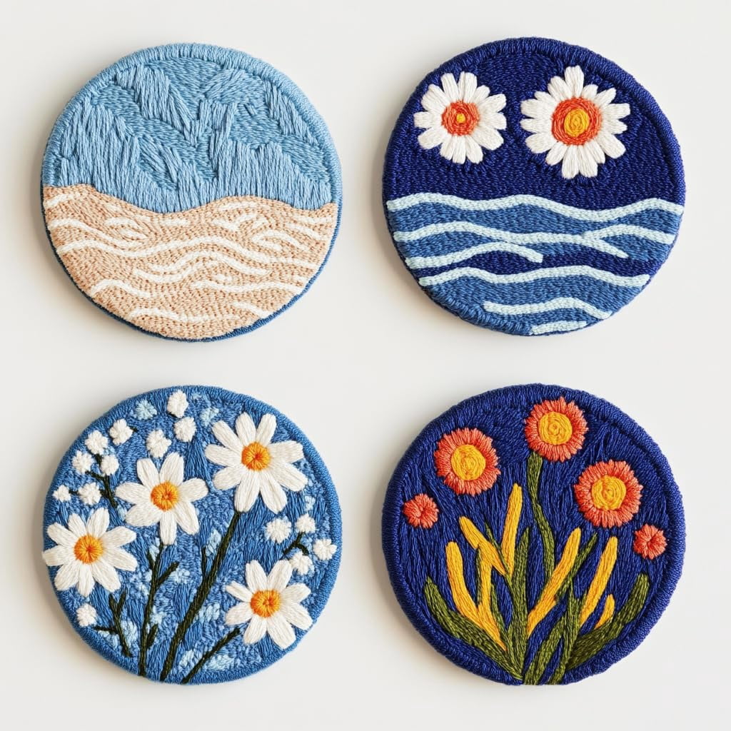 4 Set DIY Punch Needle Coaster Kits Seaside Sea Wave Daisy Flowers Easy for Beginners with Adhesive Felt Hoop Punch Needle Embroidery Starter Set with Pattern for Drink Cups Mat Home Decor-20