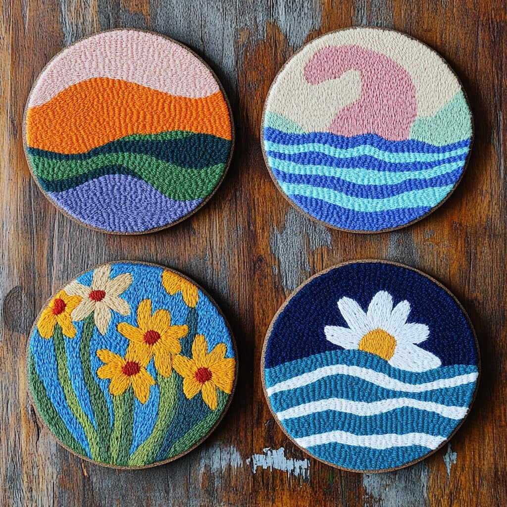 4 Set DIY Punch Needle Coaster Kits Seaside Sea Wave Daisy Flowers Easy for Beginners with Adhesive Felt Hoop Punch Needle Embroidery Starter Set with Pattern for Drink Cups Mat Home Decor-18