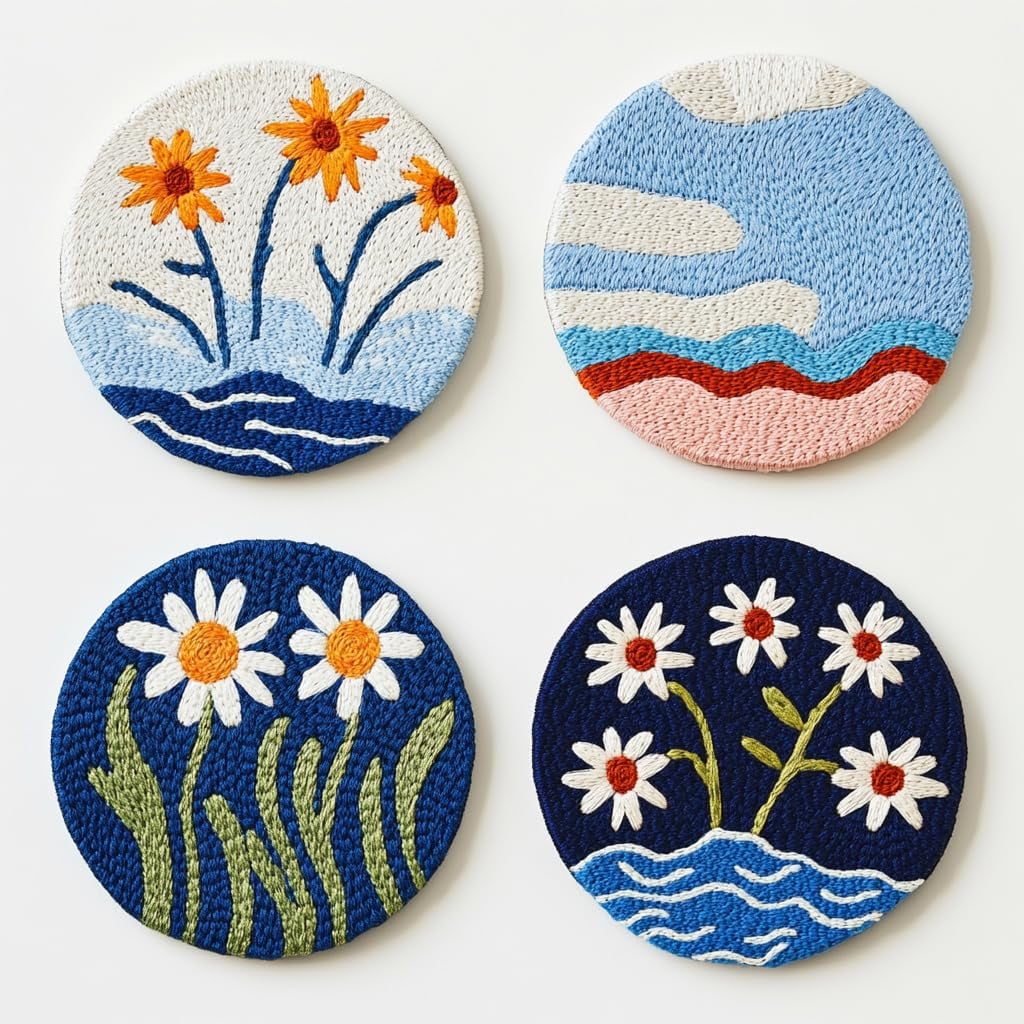 4 Set DIY Punch Needle Coaster Kits Seaside Sea Wave Daisy Flowers Easy for Beginners with Adhesive Felt Hoop Punch Needle Embroidery Starter Set with Pattern for Drink Cups Mat Home Decor-4