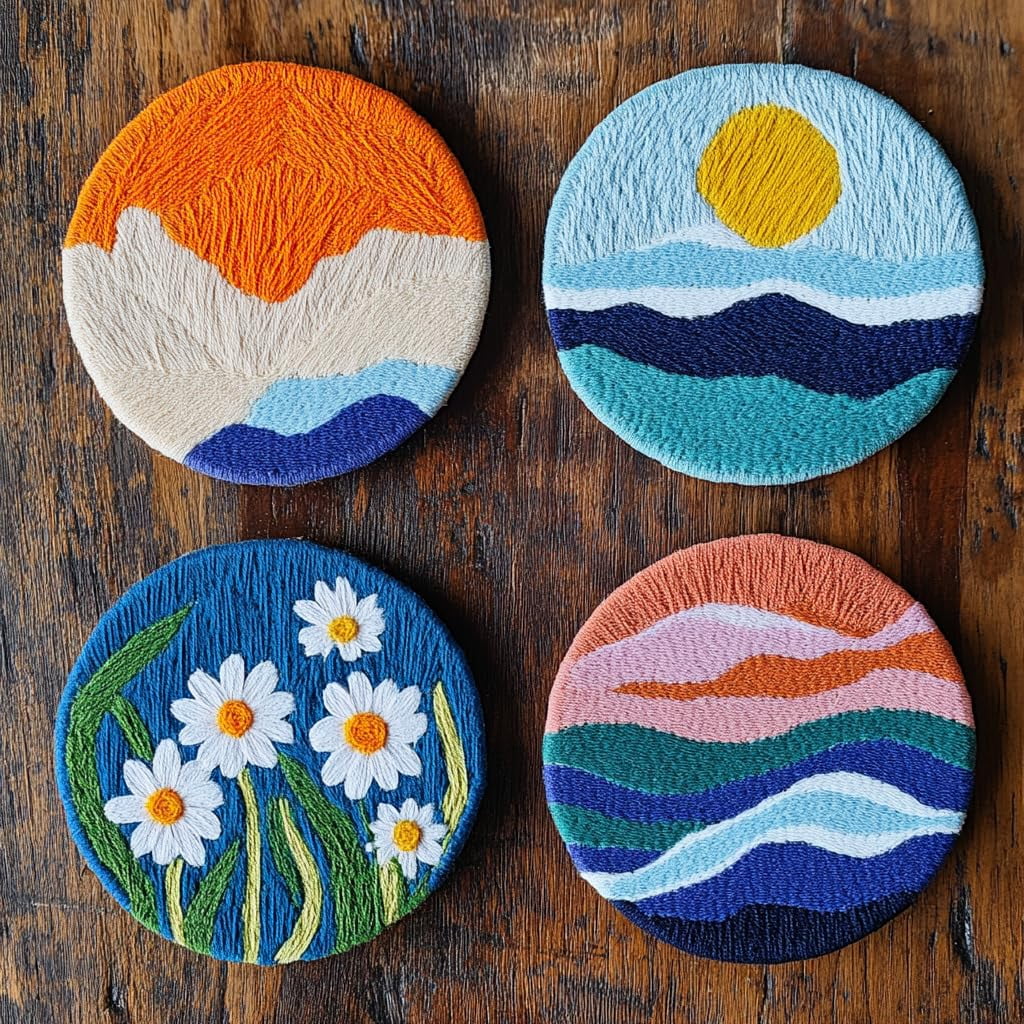 4 Set DIY Punch Needle Coaster Kits Seaside Sea Wave Daisy Flowers Easy for Beginners with Adhesive Felt Hoop Punch Needle Embroidery Starter Set with Pattern for Drink Cups Mat Home Decor-36
