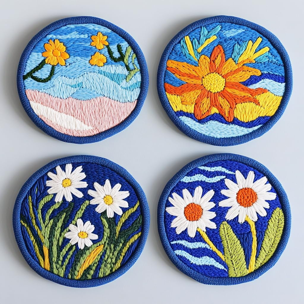 4 Set DIY Punch Needle Coaster Kits Seaside Sea Wave Daisy Flowers Easy for Beginners with Adhesive Felt Hoop Punch Needle Embroidery Starter Set with Pattern for Drink Cups Mat Home Decor-10