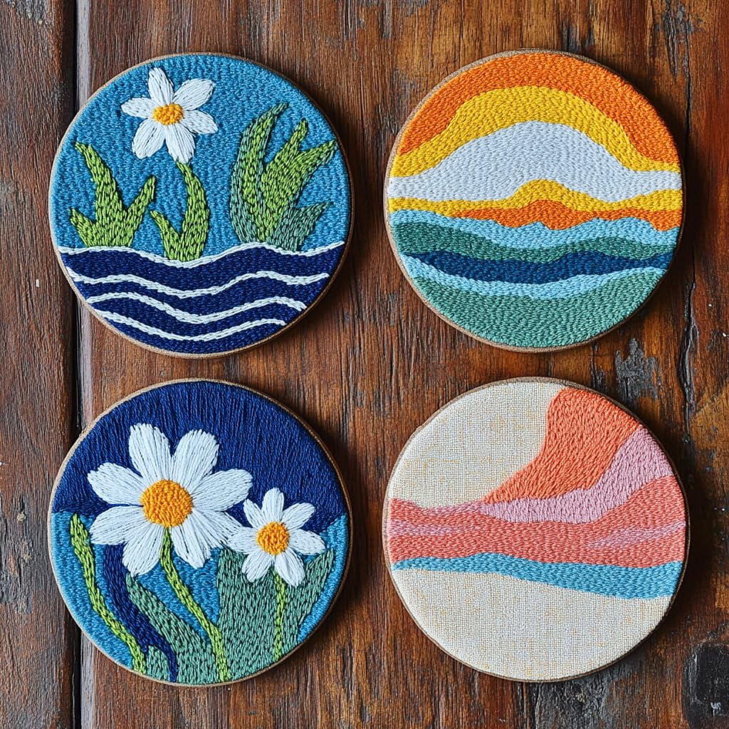 4 Set DIY Punch Needle Coaster Kits Seaside Sea Wave Daisy Flowers Easy for Beginners with Adhesive Felt Hoop Punch Needle Embroidery Starter Set with Pattern for Drink Cups Mat Home Decor-19