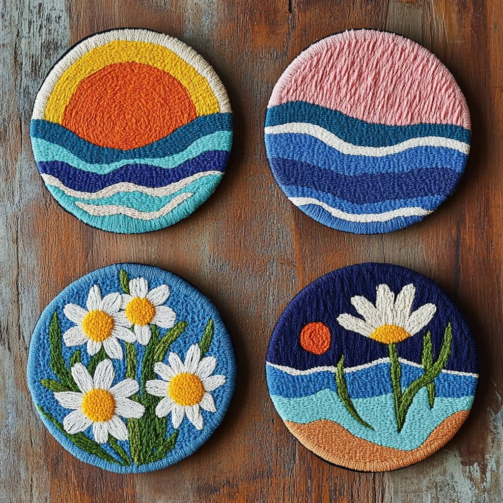 4 Set DIY Punch Needle Coaster Kits Seaside Sea Wave Daisy Flowers Easy for Beginners with Adhesive Felt Hoop Punch Needle Embroidery Starter Set with Pattern for Drink Cups Mat Home Decor-24