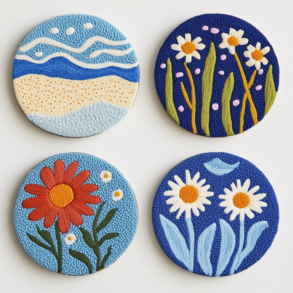 4 Set DIY Punch Needle Coaster Kits Seaside Sea Wave Daisy Flowers Easy for Beginners with Adhesive Felt Hoop Punch Needle Embroidery Starter Set with Pattern for Drink Cups Mat Home Decor-14
