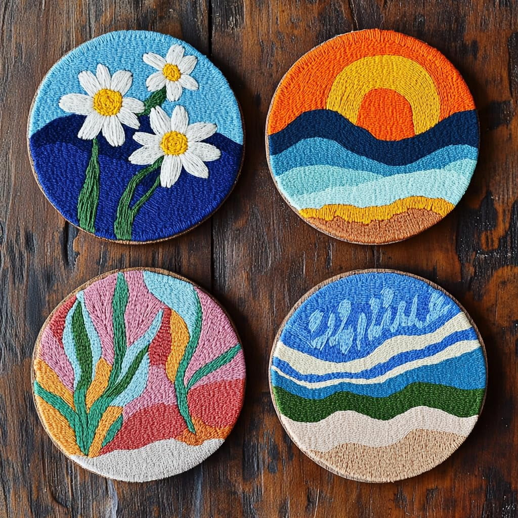 4 Set DIY Punch Needle Coaster Kits Seaside Sea Wave Daisy Flowers Easy for Beginners with Adhesive Felt Hoop Punch Needle Embroidery Starter Set with Pattern for Drink Cups Mat Home Decor-30