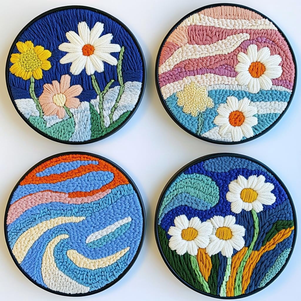 4 Set DIY Punch Needle Coaster Kits Seaside Sea Wave Daisy Flowers Easy for Beginners with Adhesive Felt Hoop Punch Needle Embroidery Starter Set with Pattern for Drink Cups Mat Home Decor-7