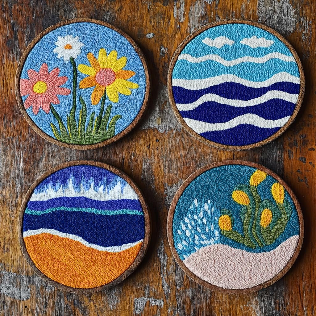 4 Set DIY Punch Needle Coaster Kits Seaside Sea Wave Daisy Flowers Easy for Beginners with Adhesive Felt Hoop Punch Needle Embroidery Starter Set with Pattern for Drink Cups Mat Home Decor-38