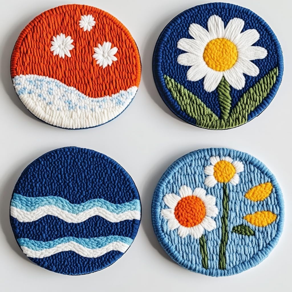 4 Set DIY Punch Needle Coaster Kits Seaside Sea Wave Daisy Flowers Easy for Beginners with Adhesive Felt Hoop Punch Needle Embroidery Starter Set with Pattern for Drink Cups Mat Home Decor-12