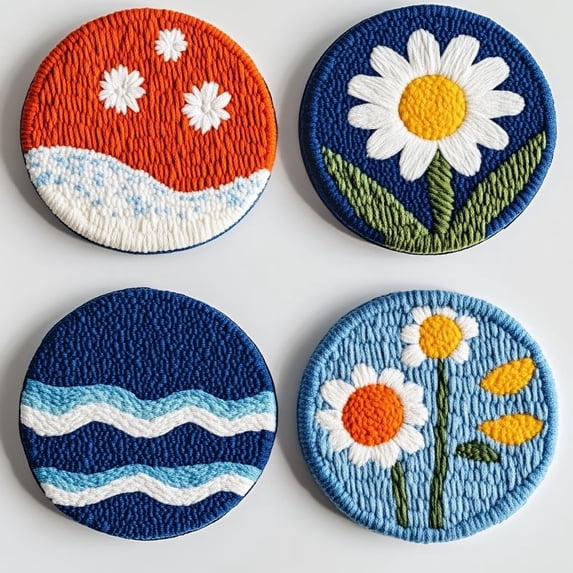 4 Set DIY Punch Needle Coaster Kits Seaside Sea Wave Daisy Flowers Easy for Beginners with Adhesive Felt Hoop Punch Needle Embroidery Starter Set with Pattern for Drink Cups Mat Home Decor-12