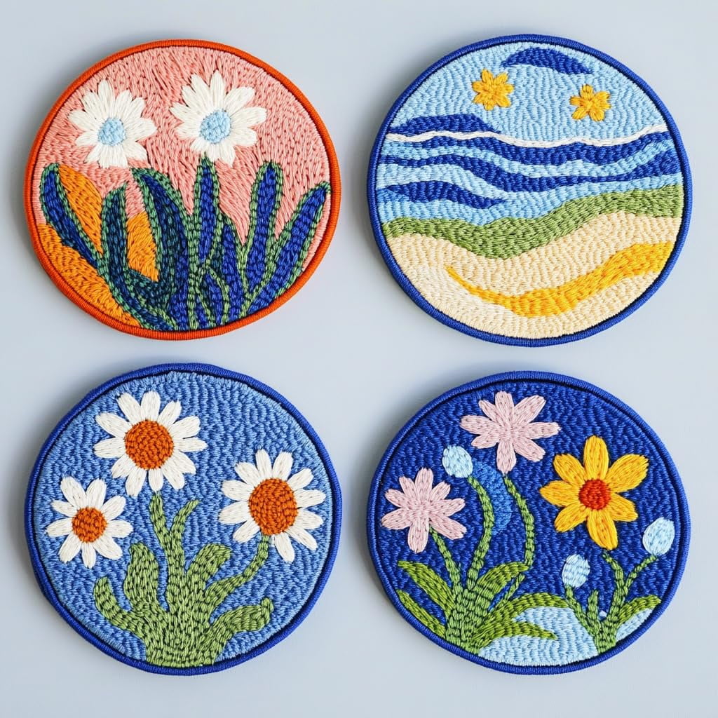 4 Set DIY Punch Needle Coaster Kits Seaside Sea Wave Daisy Flowers Easy for Beginners with Adhesive Felt Hoop Punch Needle Embroidery Starter Set with Pattern for Drink Cups Mat Home Decor-23