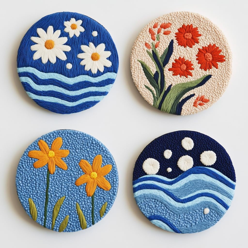 4 Set DIY Punch Needle Coaster Kits Seaside Sea Wave Daisy Flowers Easy for Beginners with Adhesive Felt Hoop Punch Needle Embroidery Starter Set with Pattern for Drink Cups Mat Home Decor-29