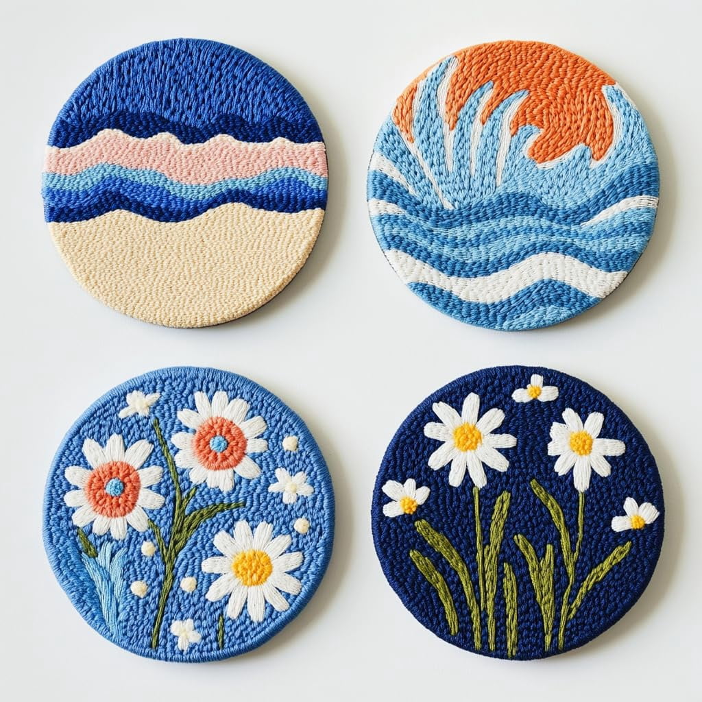 4 Set DIY Punch Needle Coaster Kits Seaside Sea Wave Daisy Flowers Easy for Beginners with Adhesive Felt Hoop Punch Needle Embroidery Starter Set with Pattern for Drink Cups Mat Home Decor-40