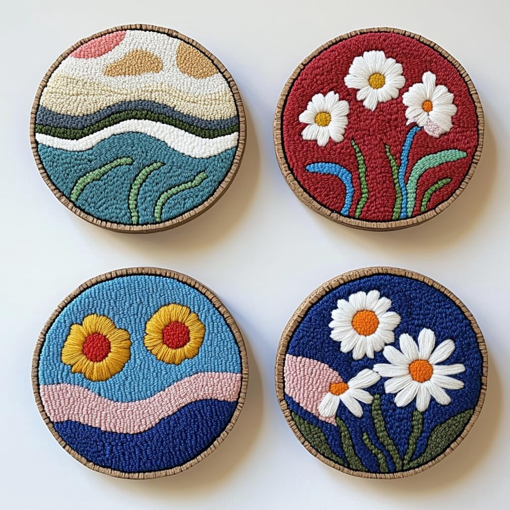 4 Set DIY Punch Needle Coaster Kits Seaside Sea Wave Daisy Flowers Easy for Beginners with Adhesive Felt Hoop Punch Needle Embroidery Starter Set with Pattern for Drink Cups Mat Home Decor-3