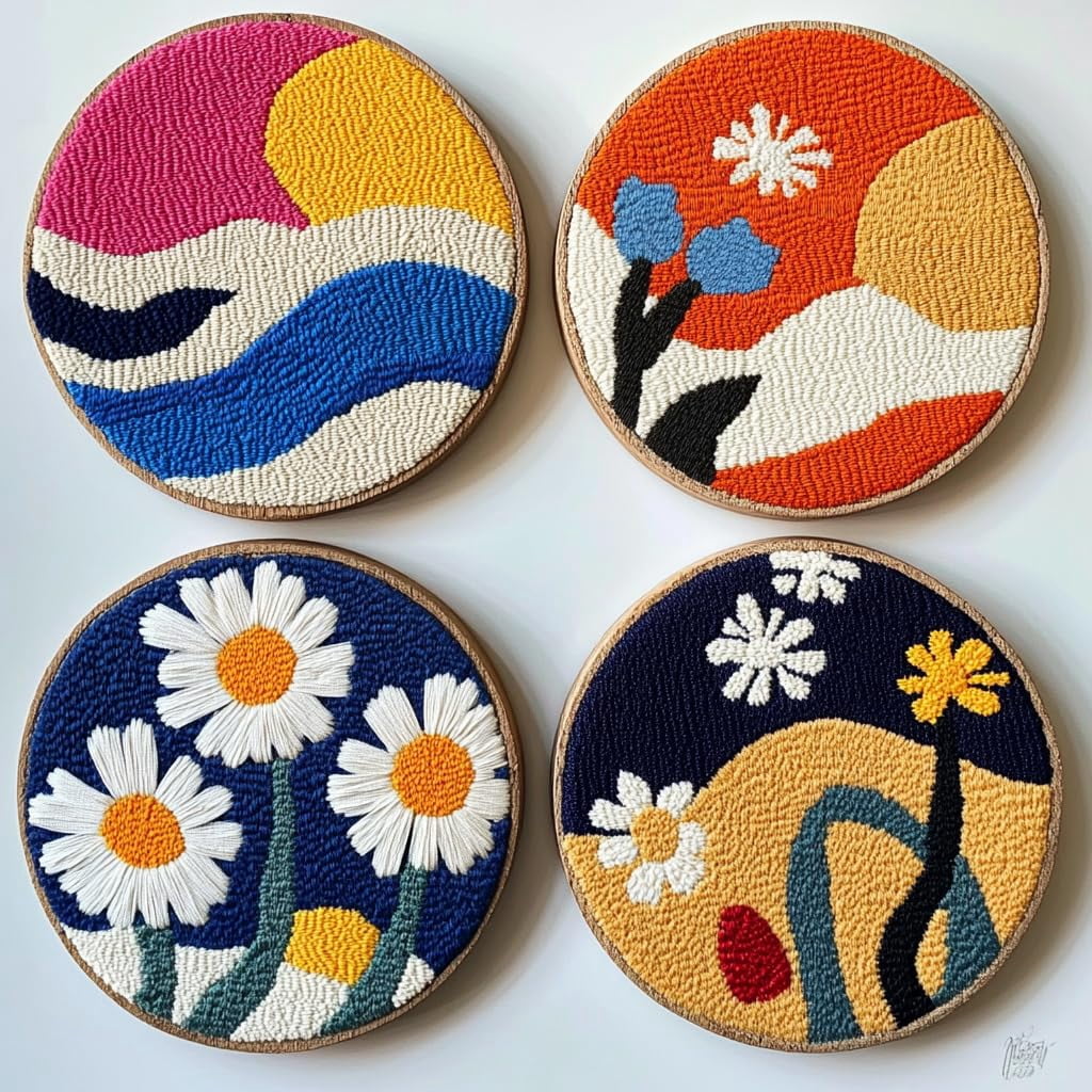 4 Set DIY Punch Needle Coaster Kits Seaside Sea Wave Daisy Flowers Easy for Beginners with Adhesive Felt Hoop Punch Needle Embroidery Starter Set with Pattern for Drink Cups Mat Home Decor-17
