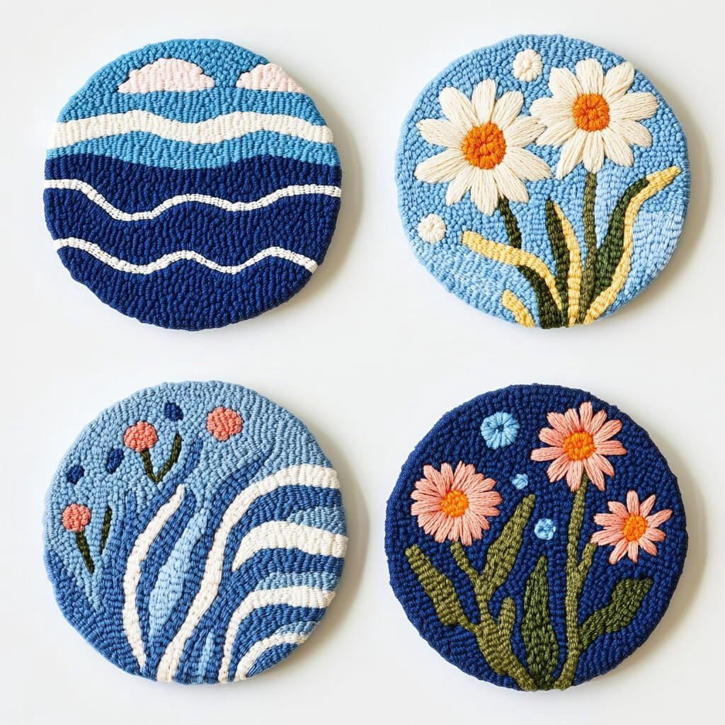 4 Set DIY Punch Needle Coaster Kits Seaside Sea Wave Daisy Flowers Easy for Beginners with Adhesive Felt Hoop Punch Needle Embroidery Starter Set with Pattern for Drink Cups Mat Home Decor-6