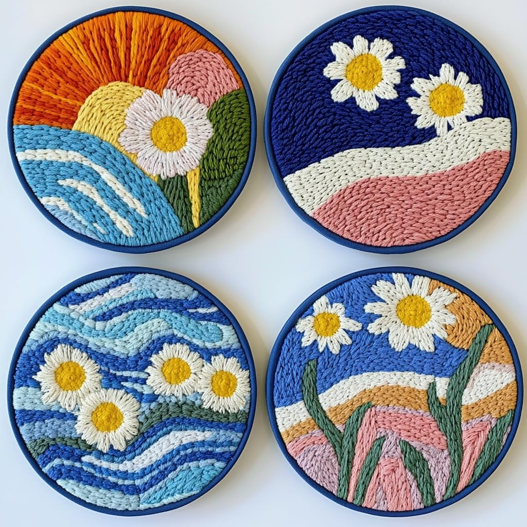 4 Set DIY Punch Needle Coaster Kits Seaside Sea Wave Daisy Flowers Easy for Beginners with Adhesive Felt Hoop Punch Needle Embroidery Starter Set with Pattern for Drink Cups Mat Home Decor-35