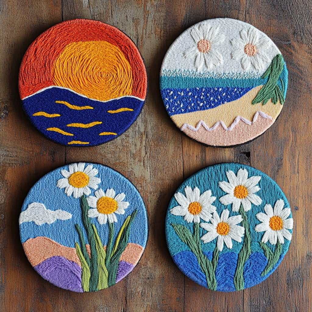 4 Set DIY Punch Needle Coaster Kits Seaside Sea Wave Daisy Flowers Easy for Beginners with Adhesive Felt Hoop Punch Needle Embroidery Starter Set with Pattern for Drink Cups Mat Home Decor-2